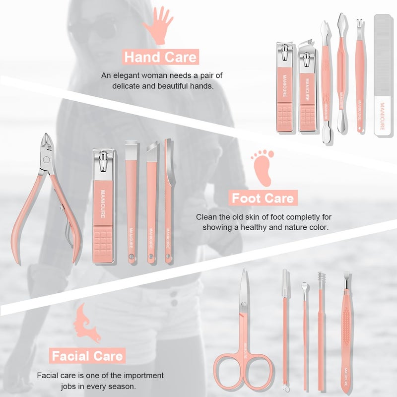 Leipple Manicure Set Professional Nail Clippers Pedicure Kit, 16 pcs Stainless Steel Nail Care Tools Grooming Kit with Luxurious Travel Leather Case for Thick Nails Men Women Gift (Pink) - Image 2